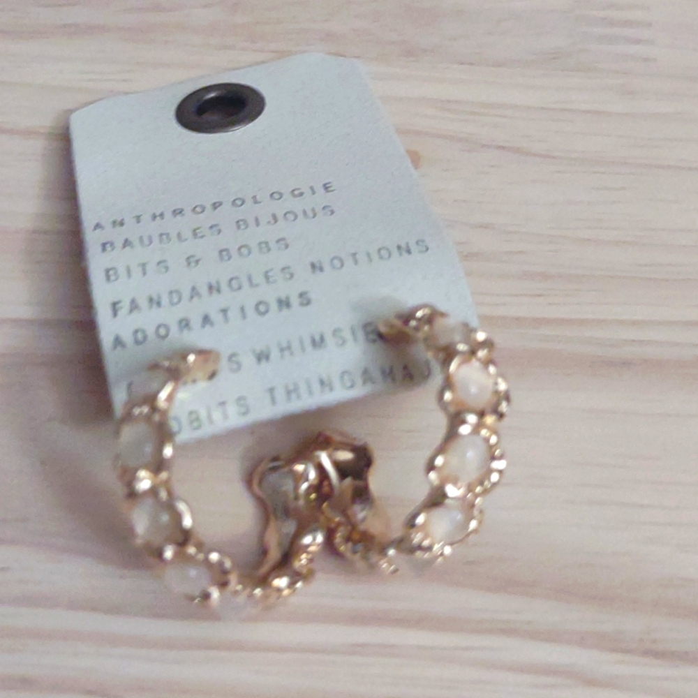 Anthropologie Opalescent Pink Stone Gold Hoop Earrings